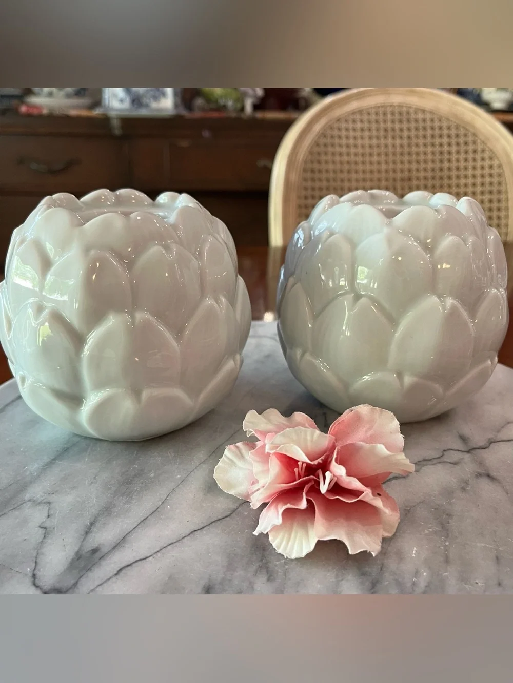Pair Celadon Green Ceramic Artichoke Taper Candle Holders & Candles -VTG Style